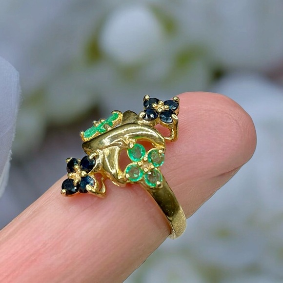 🌺Vintage 18K/925 Genuine Emerald & Sapphire Ring - Picture 8 of 11